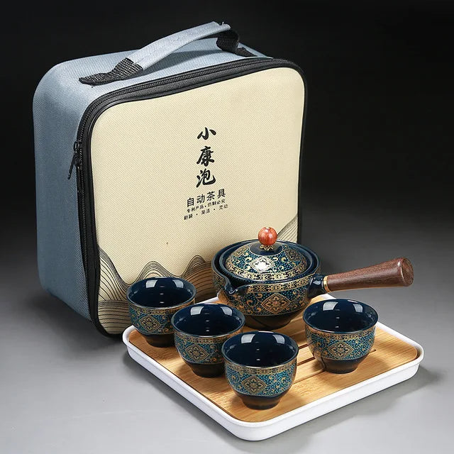Service à thé en céramique chinoise avec sac Bleu Ma Théière