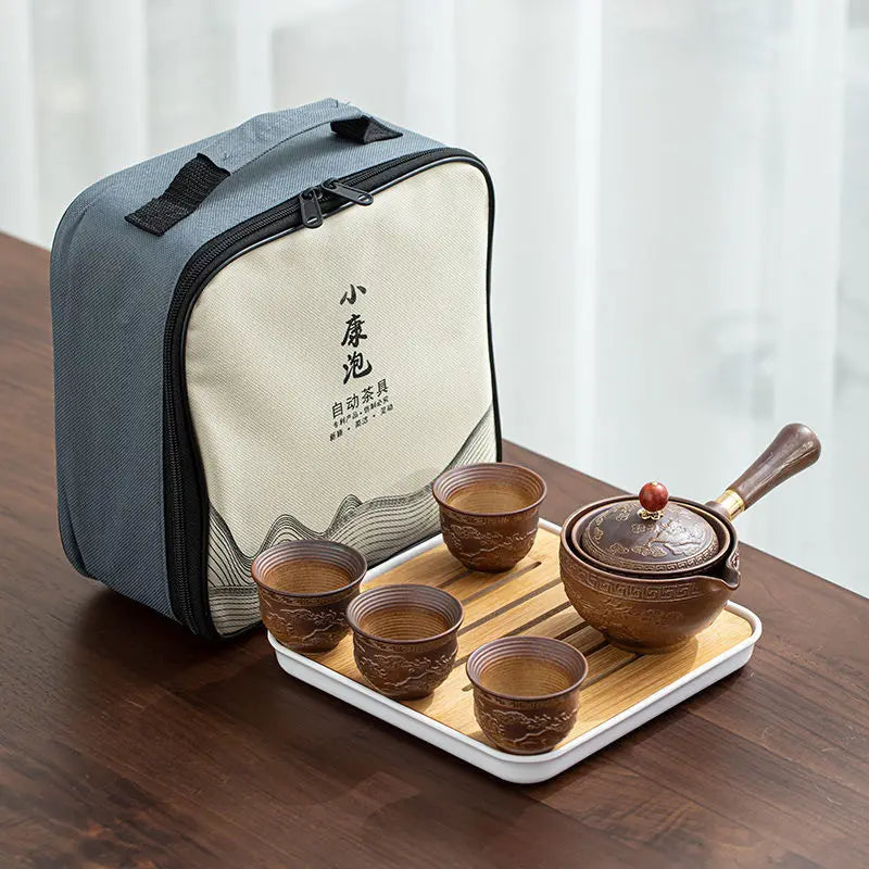 Service à thé en céramique chinoise avec sac Marron Ma Théière