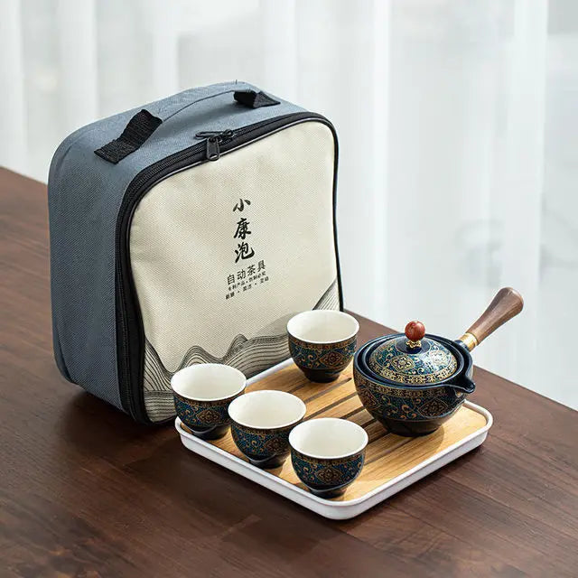 Service à thé en céramique chinoise avec sac Vert Ma Théière