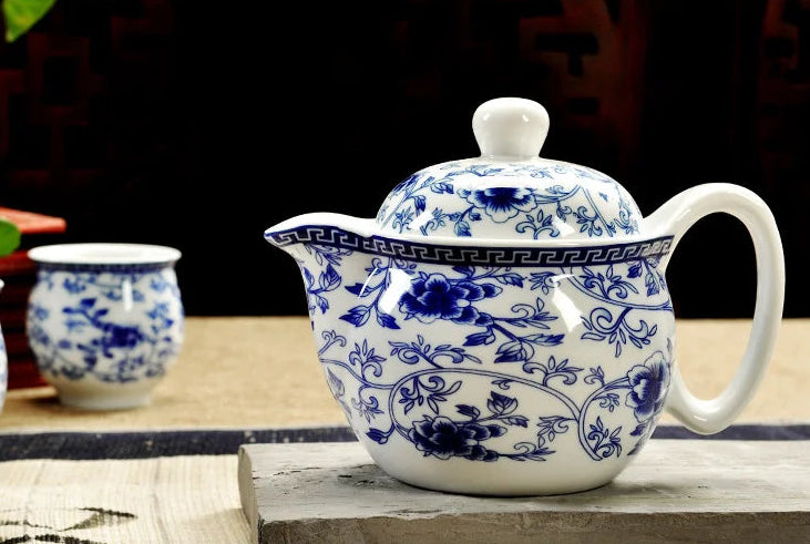 Service à thé en porcelaine théière 350ML + 6 tasses bleu et blanc Ma Théière