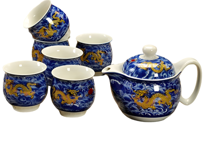 Service à thé en porcelaine théière + 6 tasses dragon jaune