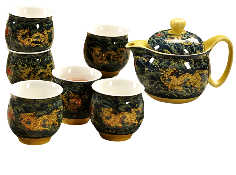 Service à thé en porcelaine théière + 6 tasses dragon jaune/vert