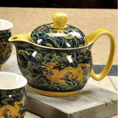 Service à thé en porcelaine théière + 6 tasses dragon jaune/vert