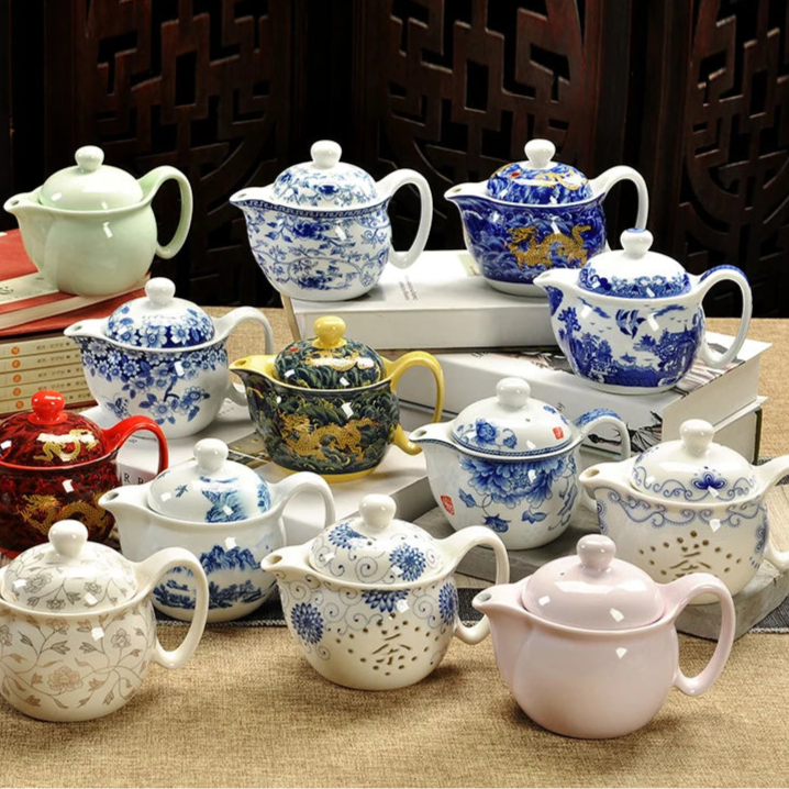 Service à thé en porcelaine théière + 6 tasses fleur bleu Ma Théière