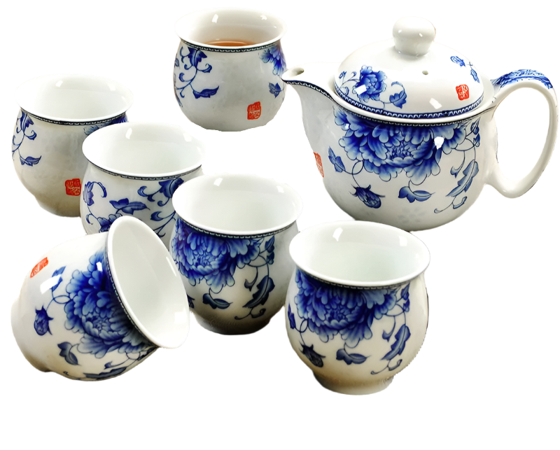 Service à thé en porcelaine théière + 6 tasses fleur bleu