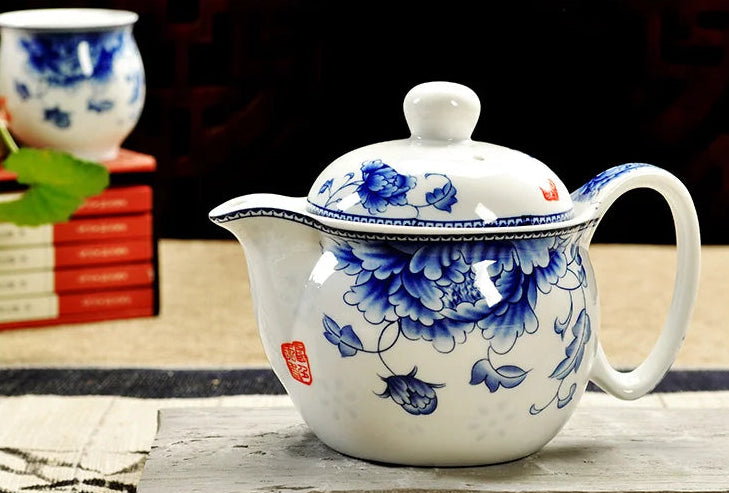 Service à thé en porcelaine théière + 6 tasses fleur bleu Ma Théière