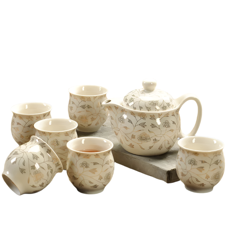 Service à thé en porcelaine théière + 6 tasses fleur noire