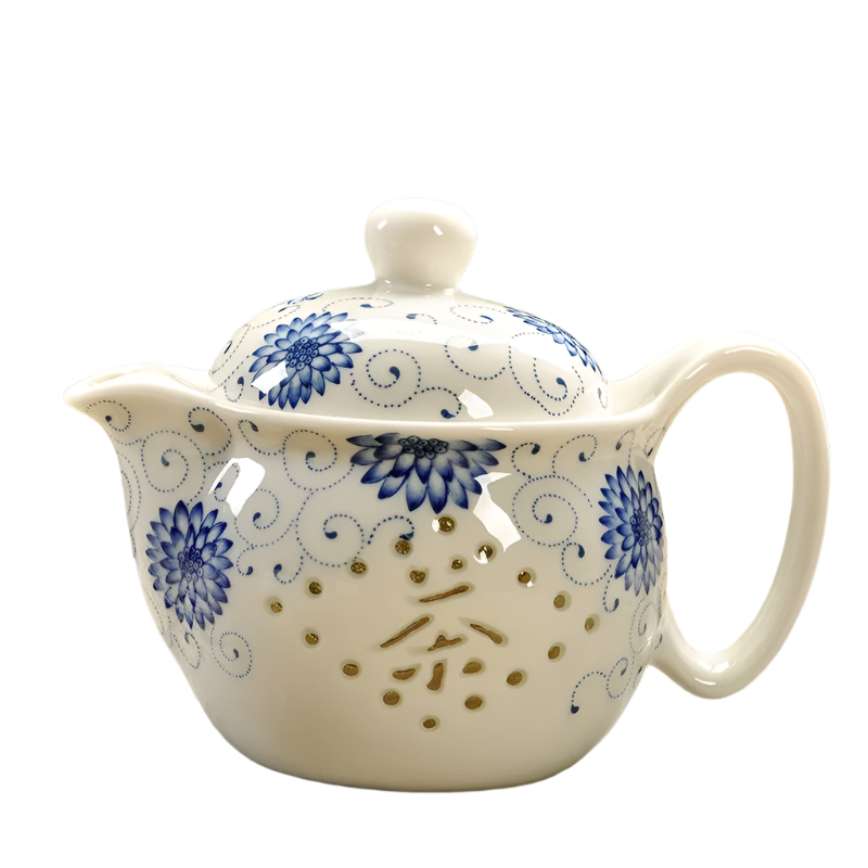 Service à thé en porcelaine théière + 6 tasses pétale bleu