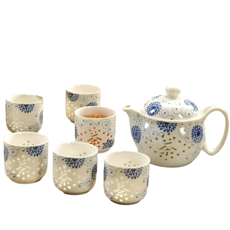 Service à thé en porcelaine théière + 6 tasses pétale bleu