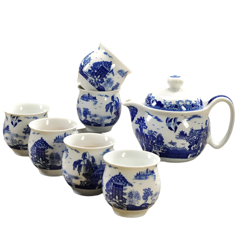 Service à thé en porcelaine théière + 6 tasses village