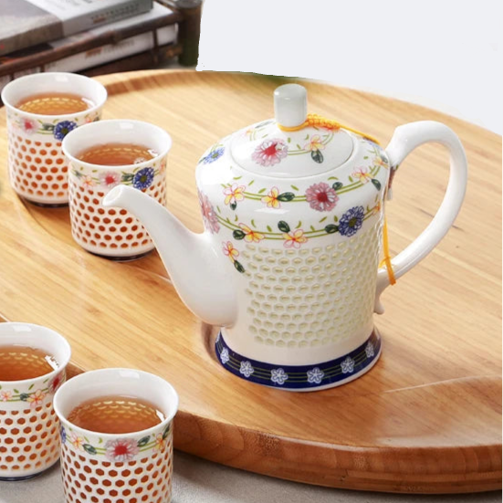 Service à thé en porcelaines chinois nid d'abeilles - 660ml Fleuri Ma Théière