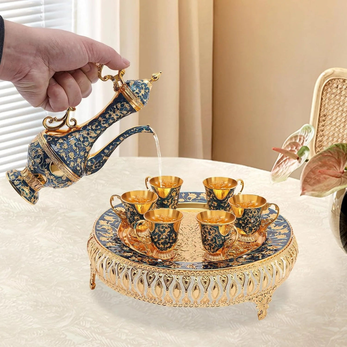 Service à thé marocain en zinc 6 personnes doré bleu - 250ml Ma Théière