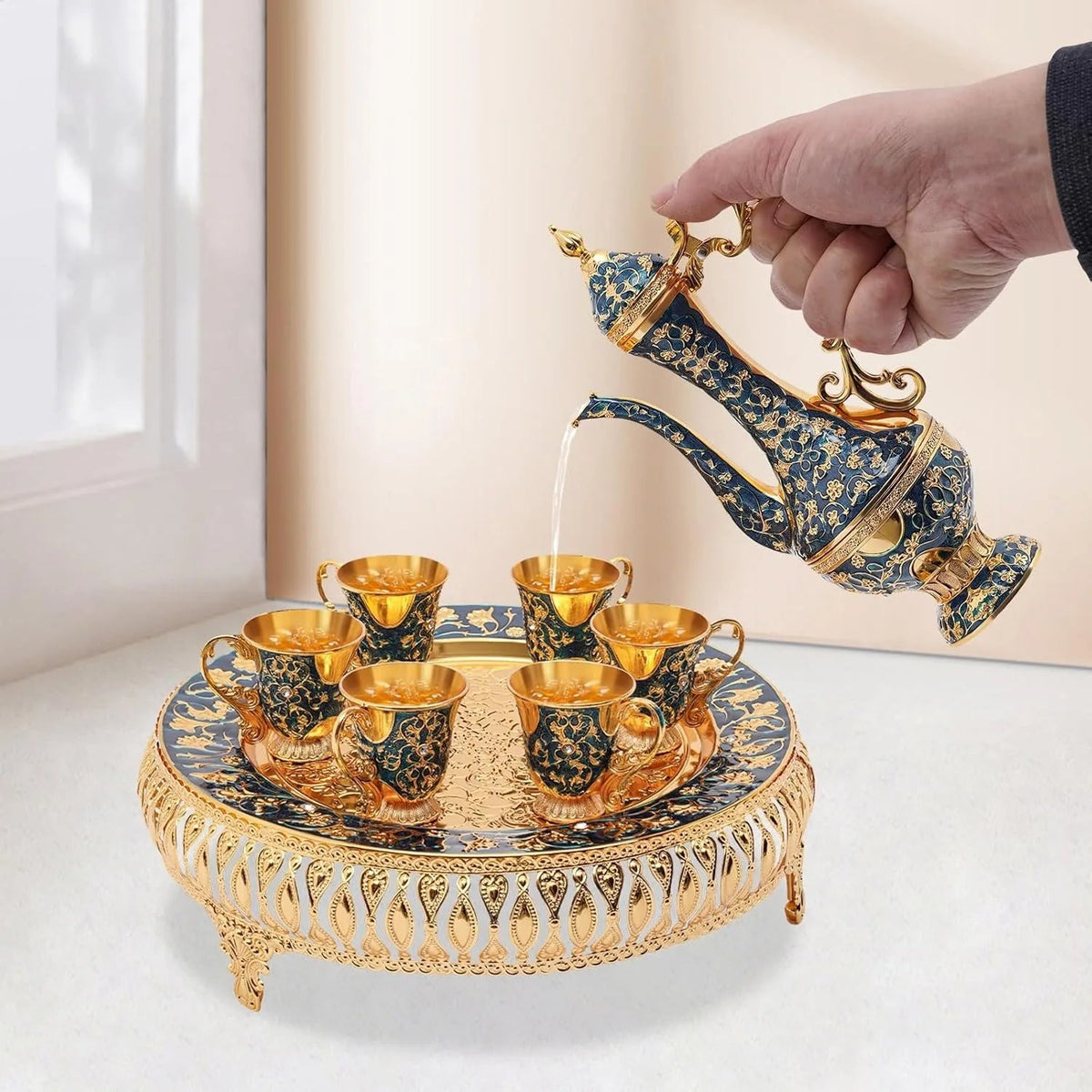 Service à thé marocain en zinc 6 personnes doré bleu - 250ml Ma Théière