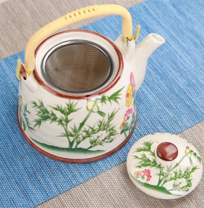 Théière en céramique bleue avec filtre fleurs vertes - 900ML Ma Théière