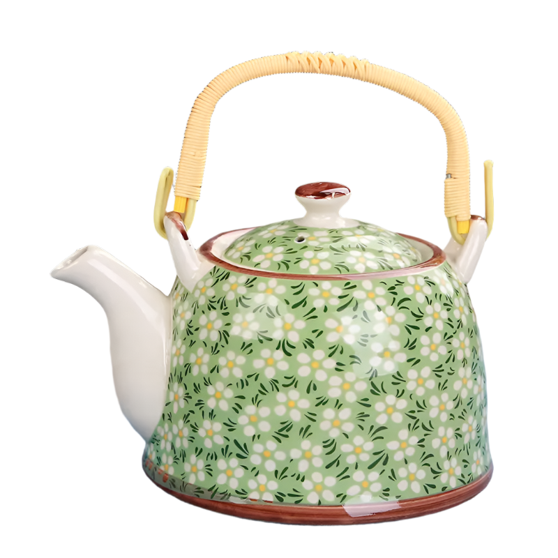 Théière en céramique bleue avec filtre fleurs vertes - 900ML