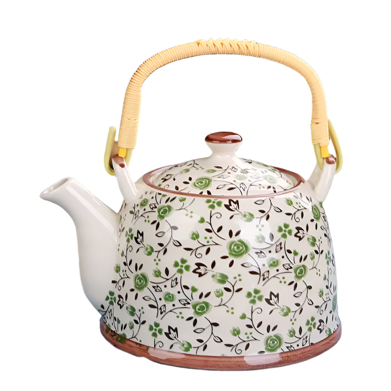 Théière en céramique bleue avec filtre roses vertes - 900ML