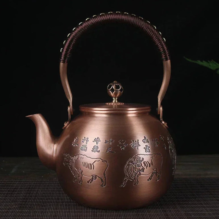 Théière en cuivre japonaise gravures bœufs - 1500mL Cuivre Ma Théière