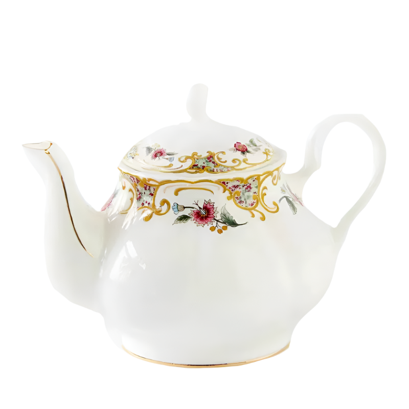 Théière en porcelaine anglaise avec filtre fleurs or - 1.2L