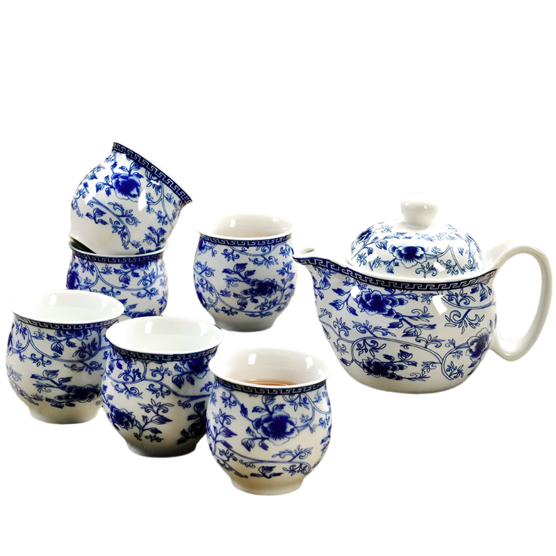 Service à thé en porcelaine théière 350ML + 6 tasses bleu et blanc