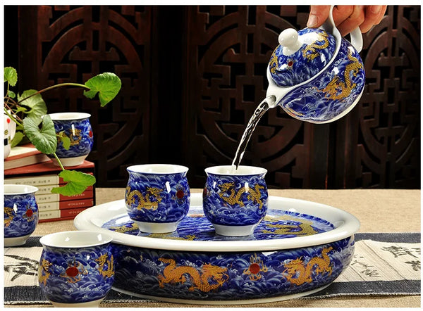 Service à thé en porcelaine théière + 6 tasses dragon jaune Ma Théière