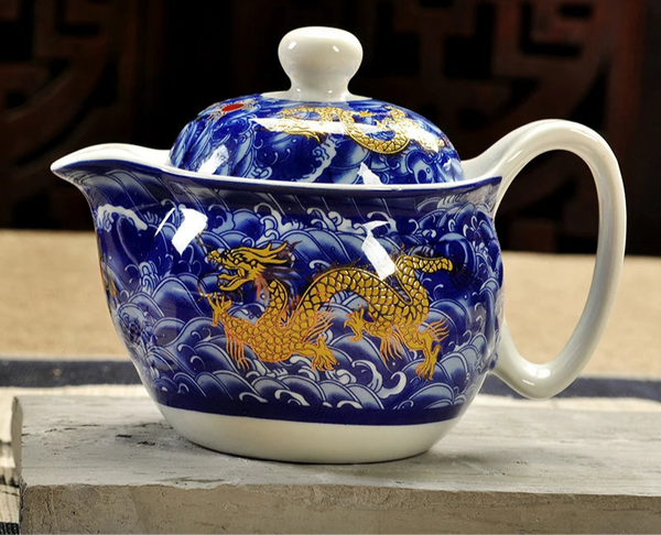 Service à thé en porcelaine théière + 6 tasses dragon jaune Ma Théière