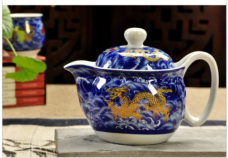 Service à thé en porcelaine théière + 6 tasses dragon jaune Ma Théière