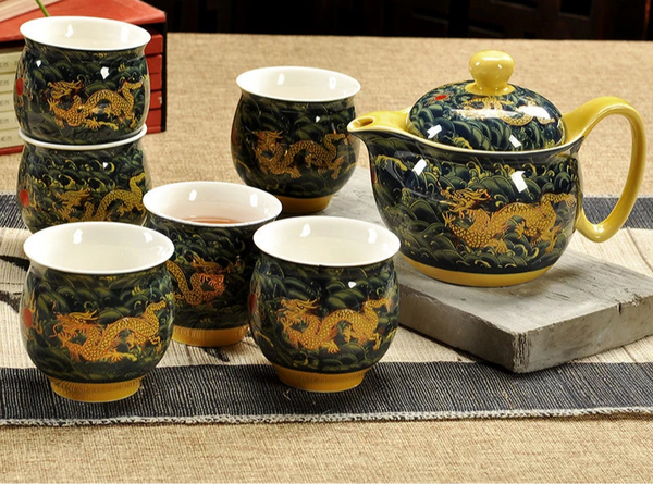 Service à thé en porcelaine théière + 6 tasses dragon jaune/vert Ma Théière