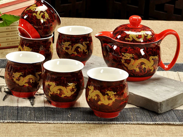 Service à thé en porcelaine théière + 6 tasses dragon rouge Ma Théière