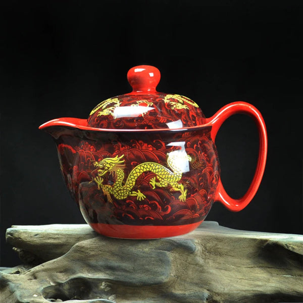 Service à thé en porcelaine théière + 6 tasses dragon rouge Ma Théière