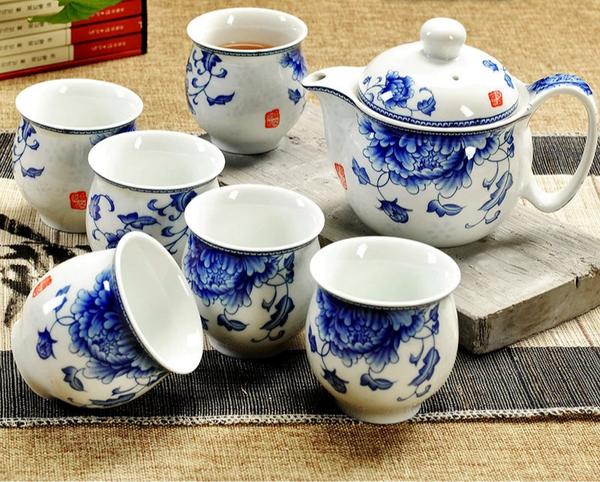 Service à thé en porcelaine théière + 6 tasses fleur bleu Ma Théière