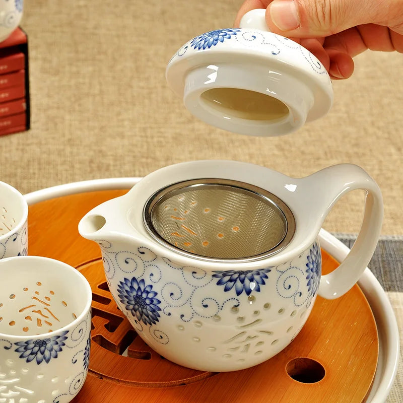 Service à thé en porcelaine théière + 6 tasses pétale bleu Ma Théière