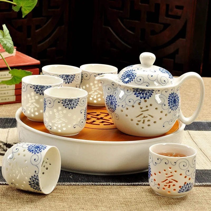 Service à thé en porcelaine théière + 6 tasses pétale bleu Ma Théière