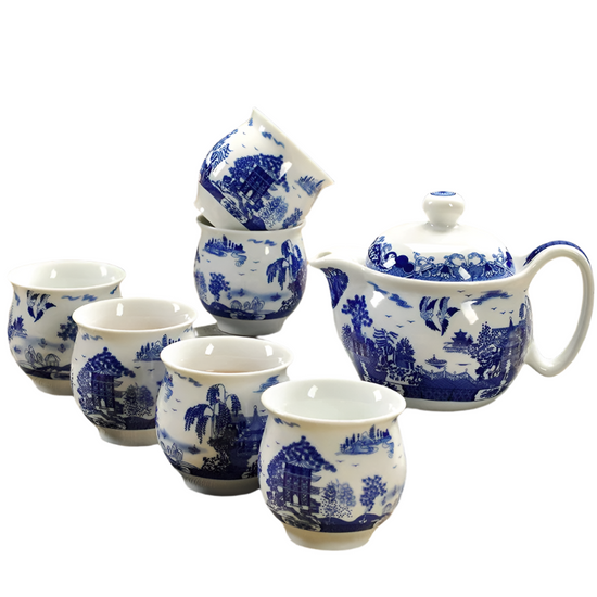 Service à thé en porcelaine théière + 6 tasses village