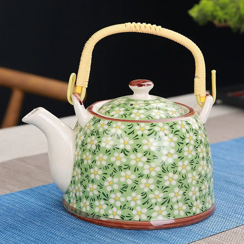Théière en céramique bleue avec filtre fleurs vertes - 900ML Ma Théière