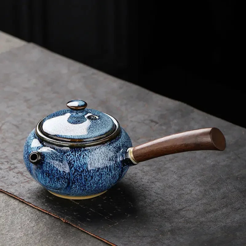 Théière en céramique émaillé et coloré à poignée latérale Bleu Ma Théière